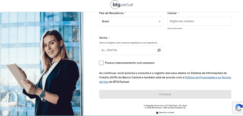 Abrindo uma conta de investimento no BTG pactual.